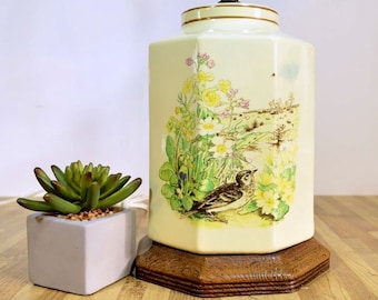 Edith Holden Ceramic Table Lamp Bird with Floral Illustration on Cream Background Artist Inspired Edwardian Style