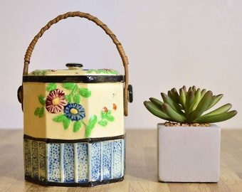 Hand Painted Ceramic Covered Octagon Canister Floral Pattern with Rattan Wooden Handle Japan