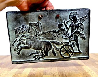 Ancient Greek Style Wall Hanging with Hera and Horses Homer Iliad Ceramic Plaque