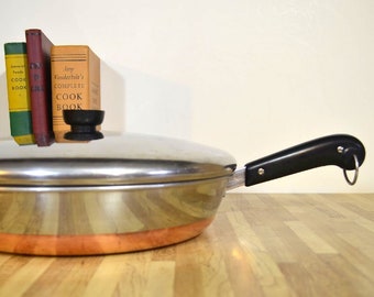 Revere Ware 12 inch Frying Pan Skillet Made in USA Under Process Patent Lid Cover Stainless Steel Two Double Ring Copper Clad Bottom-RARE!