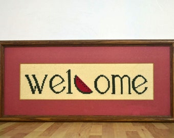 Watermelon Welcome Sign Professionally Framed Cross Stitched Stitchery Needlework Handmade 1986