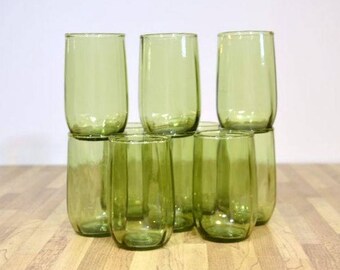 Vintage Perfect Sized Ribbed Green Juice Glasses: Set of Ten 4 Ounce Glass