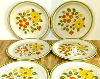 Wild Flower Stoneware Hand Decorated Yellow Orange Flowers with Green Leaves and Band: Set of 6