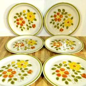 Könnte beinhalten: Satz von sechs Speisetellern mit Blumenmuster. Die Teller sind weiß mit grünem Rand und zeigen gelbe und orangefarbene Blumen mit grünen Blättern.