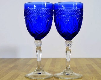 Cristal D'Arques-Durand Sapphire Blue Water Goblets or Wine Glasses