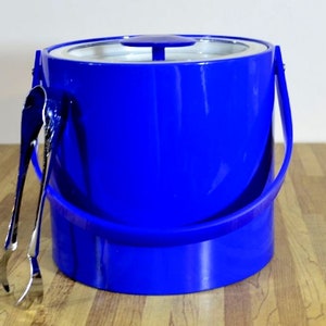 Vintage Georges Briard Cobalt Royal Blue Vinyl Ice Bucket and Tongs Made in the USA image 1