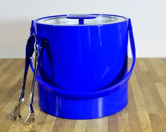 Vintage Georges Briard Cobalt Royal Blue Vinyl Ice Bucket and Tongs Made in the USA