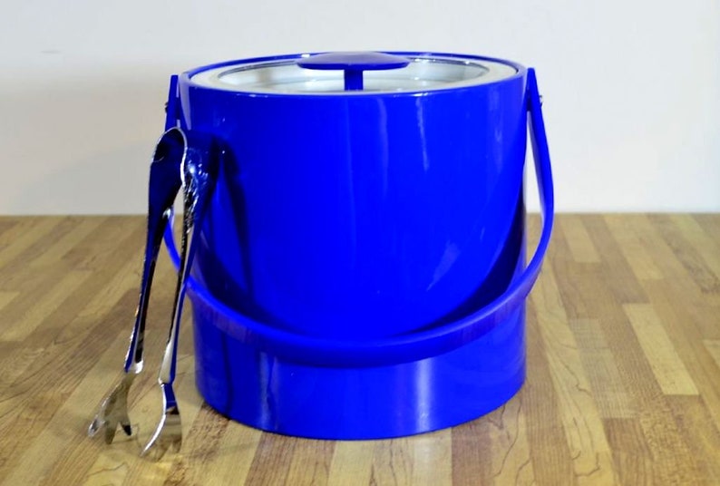 Vintage Georges Briard Cobalt Royal Blue Vinyl Ice Bucket and Tongs Made in the USA image 1