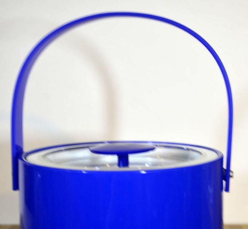 Vintage Georges Briard Cobalt Royal Blue Vinyl Ice Bucket and Tongs Made in the USA image 10