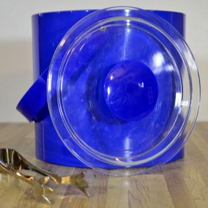 Vintage Georges Briard Cobalt Royal Blue Vinyl Ice Bucket and Tongs Made in the USA image 9