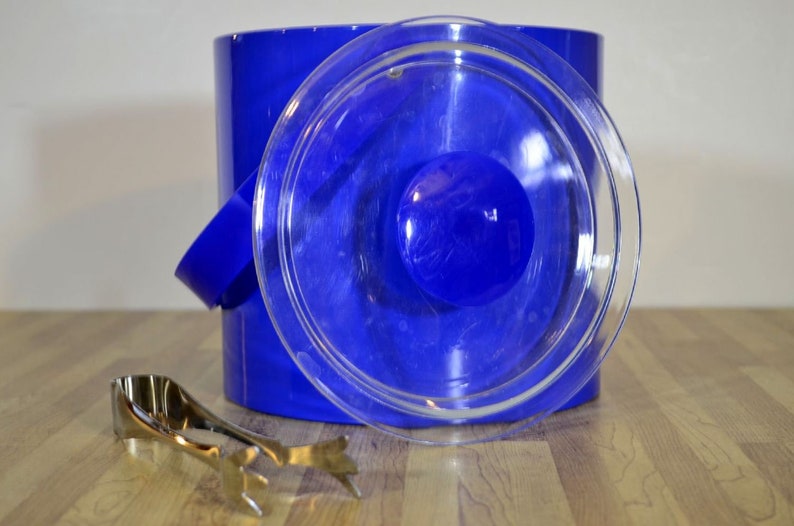 Vintage Georges Briard Cobalt Royal Blue Vinyl Ice Bucket and Tongs Made in the USA image 9