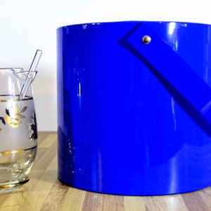 Vintage Georges Briard Cobalt Royal Blue Vinyl Ice Bucket and Tongs Made in the USA image 2