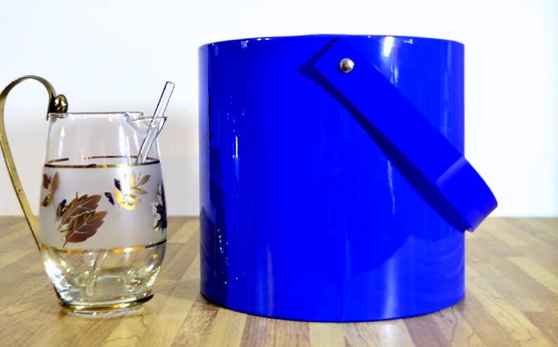 Vintage Georges Briard Cobalt Royal Blue Vinyl Ice Bucket and Tongs Made in the USA image 2