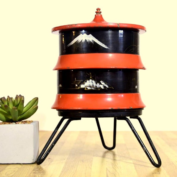 Vintage Jewelry Storage Box Lacquered Wood Double Decker Two Layered Asian Gazebo on Metal Tripod Stand