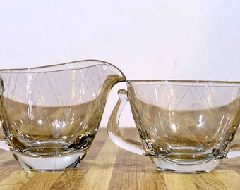 Vintage Creamer and Sugar Bowl Set by Fostoria in the Heraldry pattern Wheat Fields American Clear Glass