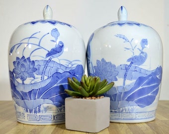 Ginger Jar Urn Style Stoneware Cobalt Blue & White Asian Motif Pair of Two