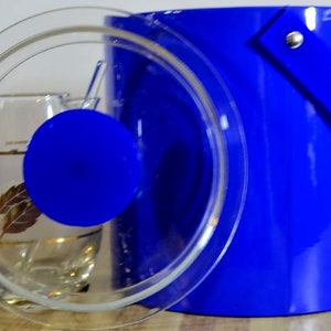 Vintage Georges Briard Cobalt Royal Blue Vinyl Ice Bucket and Tongs Made in the USA image 4