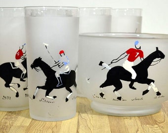 RARE Federal Glass Polo Playing Midcentury Frosted Glasses with Coordinating Ice Bucket Red White Black Blue