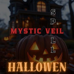 May include: A lit jack-o'-lantern is the central image, with the words "MYSTIC VEIL" and "HALLOWEEN" in red and orange. The background features a spooky house. The image has a Halloween theme.