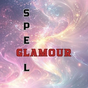 May include: An abstract image with a swirling, colorful background of pink, purple, and gold hues. The word "SPELL" is vertically stacked in black letters with a white outline, and the word "GLAMOUR" is in red letters.