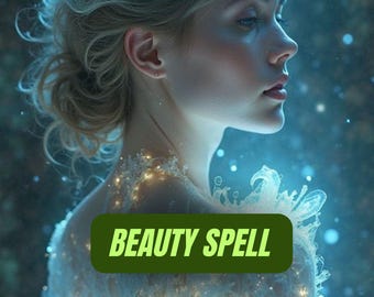 Puede incluir: Imagen de arte digital de una mujer con cabello rubio y una expresión serena. El texto "BEAUTY SPELL" se muestra en un rectángulo verde. El fondo es una escena borrosa y etérea con tonos azules y blancos.
