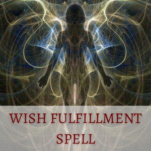 Könnte beinhalten: Ein abstraktes digitales Kunstwerk mit einer silhouettierten Figur mit ausgestreckten Armen, vor einem Hintergrund aus wirbelnden, leuchtenden Linien in Gold, Blau und Weiß. Der Text "WISH FULFILLMENT SPELL" ist unten zu sehen.