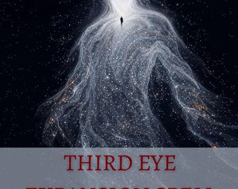 May include: An artistic digital image depicts a figure composed of swirling, luminous particles against a dark, starry background. A small silhouette of a person stands at the top. The text "THIRD EYE EXPANSION SPELL" is at the bottom.