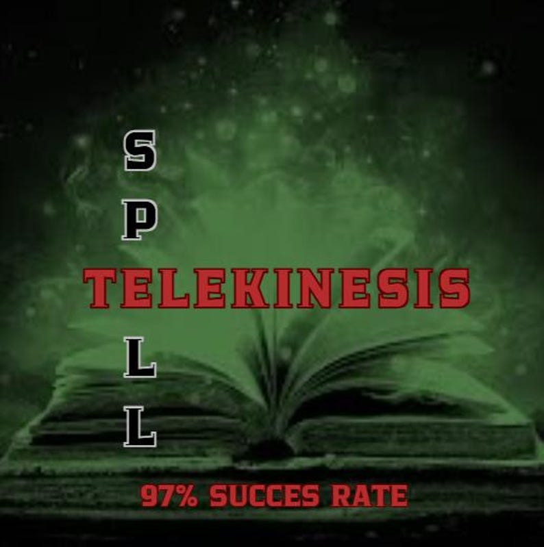 Może przedstawiać: Otwarta książka ze słowem TELEKINESIS w czerwonych literach. Słowo SPELL jest ułożone pionowo w białych literach nad TELEKINESIS. Tekst "97% SUCCES RATE" znajduje się na dole. Tło jest zielone z efektem dymu.