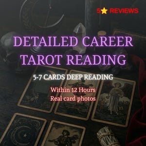 May include: A set of tarot cards featuring detailed illustrations, including a figure with wings and a moon motif. The text reads: 5 REVIEWS, DETAILED CAREER TAROT READING, 5-7 CARDS DEEP READING, Within 12 Hours, Real card photos. Dark aesthetic.