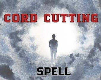 May include: An artistic image with the words "CORD CUTTING" in red letters above a silhouette of a person. The word "SPELL" is written in black letters below the person. The background is a cloudy, watercolor-style design.