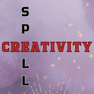 Pode incluir: Um fundo roxo com a palavra "CREATIVITY" em letras vermelhas. As letras "S", "P", "L" e "L" são empilhadas acima e abaixo da palavra "CREATIVITY". O fundo tem gráficos de estrelas e brilhos.