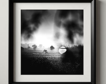 The Lens | Fine Art Black and White Photography | Misty Countryside Through Water Drop | Dark Cinematic Wall Art | Luxury Home Decor | Zen