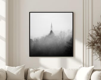 The Spire | Fine Art Black and White Photography | Church Steeple in Dense Fog | Dark Minimalist Wall Art | Luxury Home Decor | Digital