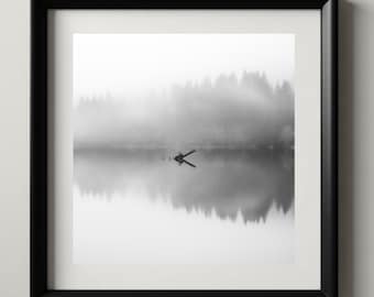 Mirror Lake | Fine Art Black and White Photography | Misty Lake Reflection | Dark Minimalist Wall Art | Luxury Home Decor | Digital Download