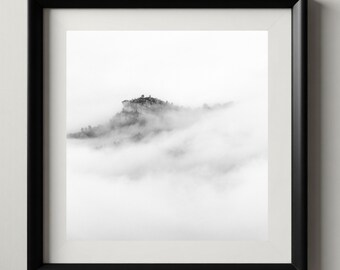 Emergence | Minimalist Fog Mountain Print | Black and White Wall Art | Moody Landscape Photography | Printable Nature Decor