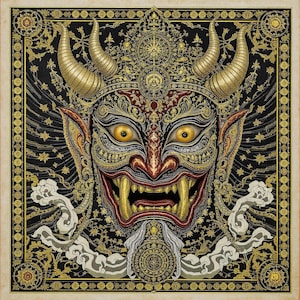May include: Intricate illustration of a demon mask with golden horns, detailed gold and red patterns, and sharp teeth. The mask has a stern expression with yellow eyes, set against a black background with gold accents and a decorative border.