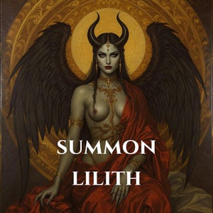 Peut inclure: Représentation artistique de Lilith, une figure avec des ailes sombres, des cornes et des bijoux en or ornés. Elle est drapée dans un tissu rouge, avec les mots "SUMMON LILITH" en texte blanc. Le fond présente un motif circulaire doré.