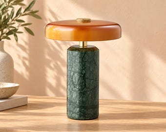 Oplaadbare tafellamp met marmerlook, draadloze paddenstoelvormige nachtlamp met glazen kap