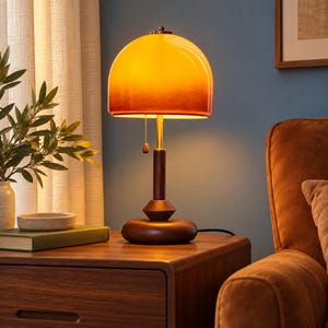 May include: A table lamp featuring a dome-shaped amber glass shade that emits a warm glow. The lamp has a slender brass-colored metal stem and a dark brown wooden base with a circular, flat design. A small pull chain hangs from the shade.