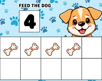 Pode incluir: Um jogo educativo colorido com um cão de desenho animado e o texto "FEED THE DOG". O jogo apresenta o número 4, ossos de cão e um fundo azul com pegadas. O cão está sorrindo.