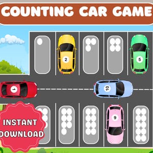 Può includere: Illustrazione di un gioco di conteggio di auto. L'immagine presenta un parcheggio con auto numerate di vari colori: rosso, giallo, verde, blu e rosa. Il testo "COUNTING CAR GAME" è in alto, con "INSTANT DOWNLOAD" su un cerchio rosso.