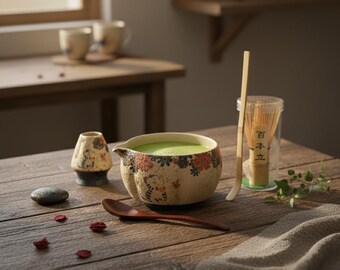 Juego de cuencos para matcha con diseño de gato pintado a mano, soporte para chasen, batidor de té y cuchara para matcha.
