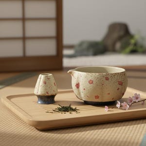 Handgemaakte Sakura Matcha-kommenset met tuit en houder