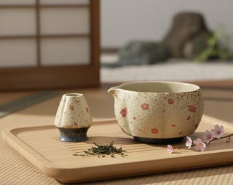 Handmade Sakura Matcha Bowl Set with Spout & Chasen Holder
