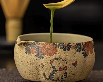 Juego de tazón de matcha con forma de gato hecho a mano con vertedor y soporte para chasen