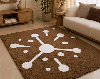 Abstract Brown White Tufted Rug, Modern Geometric Area Rug