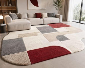 Alfombra geométrica abstracta de lana hecha a mano, alfombra de área de forma irregular, beige gris rojo