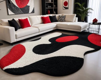 Alfombra abstracta hecha a mano con mechones, alfombra de forma irregular, alfombra de pelo largo en blanco, negro y rojo.