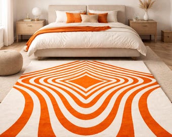 Hand Tufted Orange Abstract Wave Rug, Modern Geometric Carpet, Minimalist Home Decor