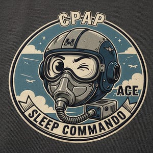 May include: A circular graphic print on a dark gray fabric featuring a cartoon pilot wearing a flight helmet and a CPAP mask. The text CPAP ACE and SLEEP COMMANDO surrounds the illustration, which includes clouds, stars, and small airplanes.